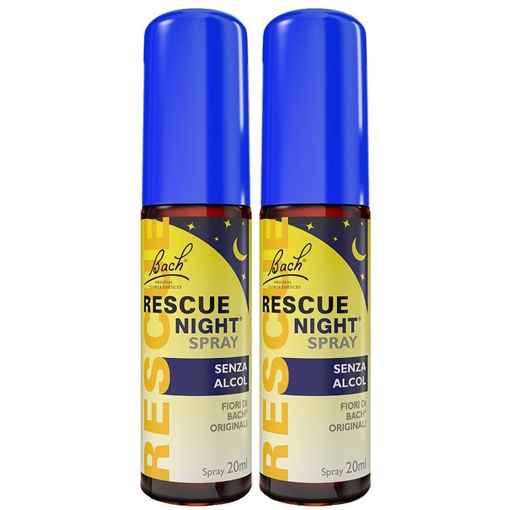 Due flaconi spray Rescue Night Bach con tappi blu ed etichette gialle.