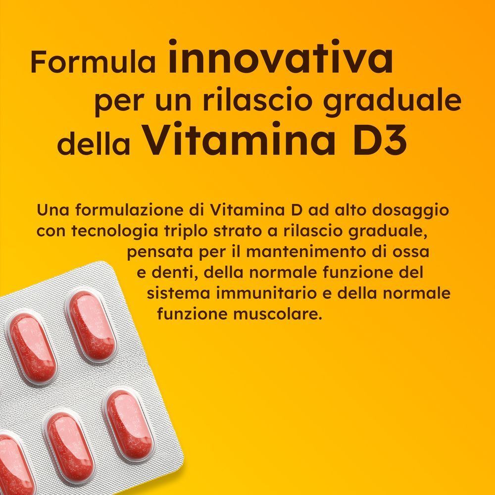 Primo piano di compresse in blister, con testo sulla formula innovativa.
