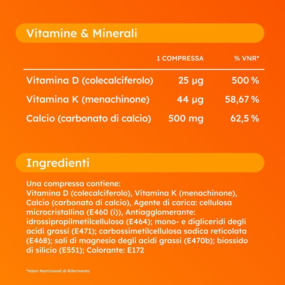 Tabella Vitamine & Minerali: Vitamina D, K e Calcio, con quantità e % VNR.
