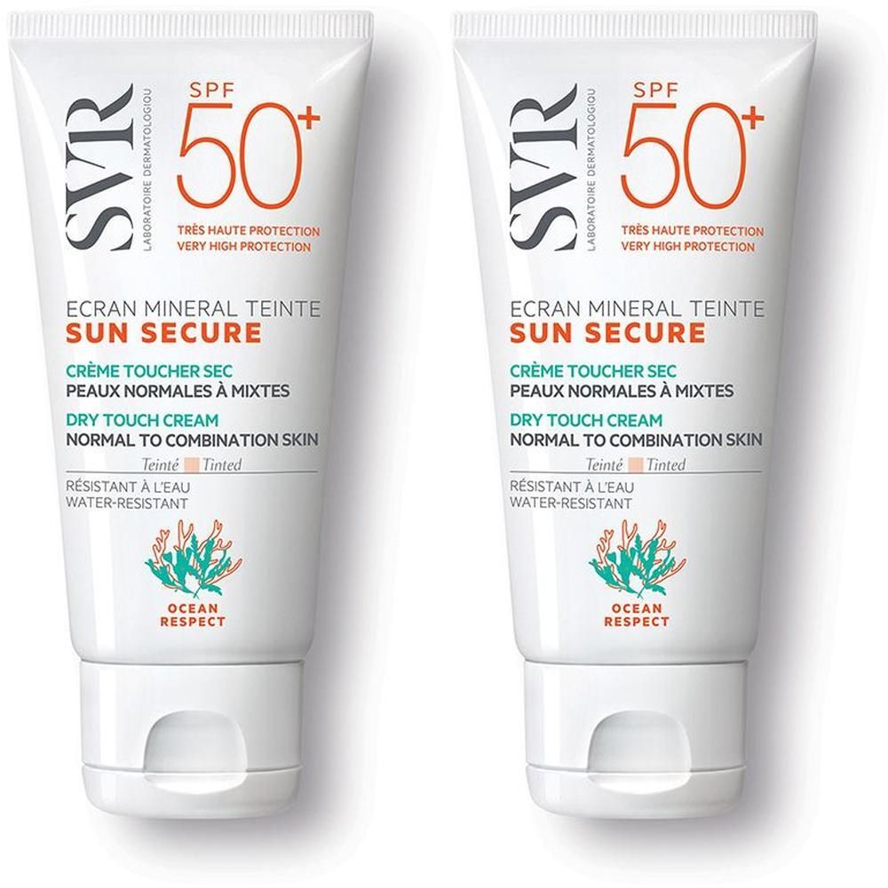 Due tubetti di crema minerale SVR Sun Secure Teintè SPF50+. Alta protezione, resistente all'acqua.