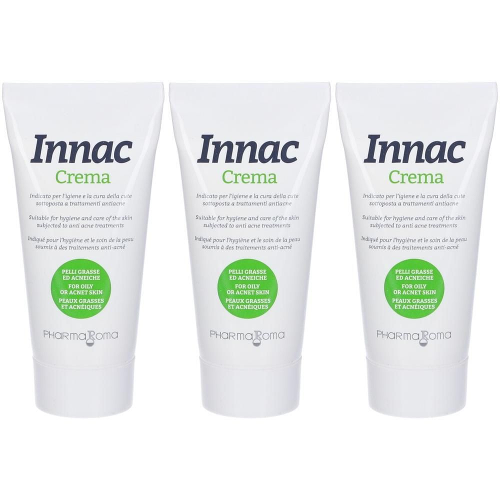 Tre tubi bianchi Innac Crema con accenti verdi e testo.