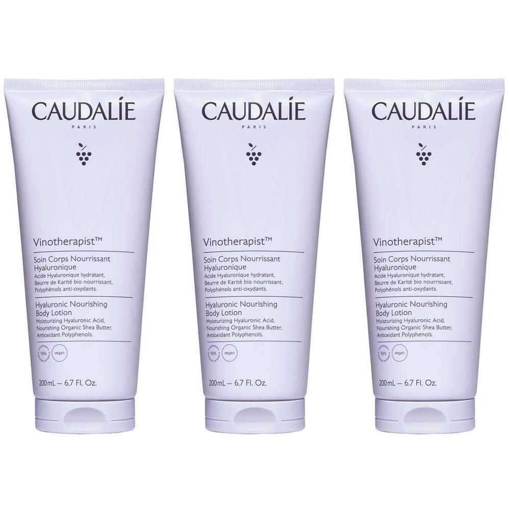 Tre tubi bianchi di Caudalie Vinotherapist Lozione Corpo Nutriente Ialuronica, 200ml ciascuno.