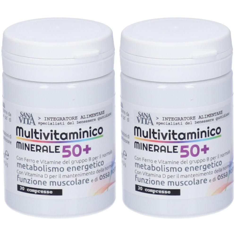 Due contenitori di Sanavita Multivitaminico Minerale 50+. Contiene 30 compresse per contenitore.