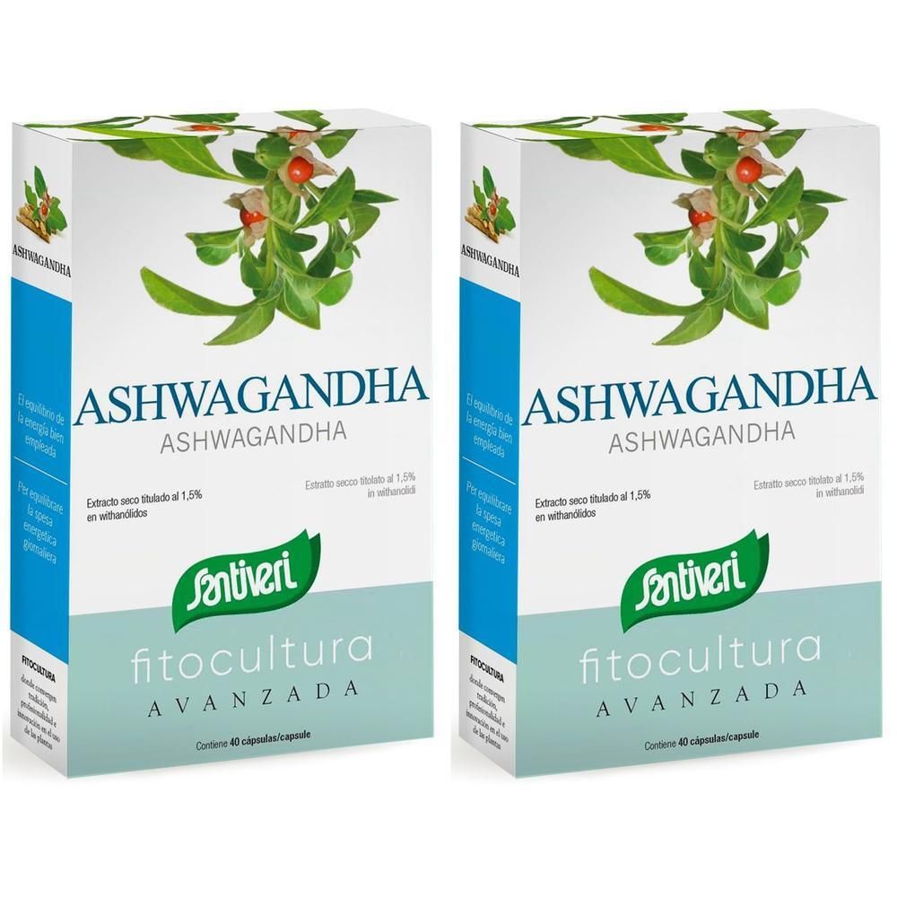 Due confezioni di Fitocultura Ashwagandha, 40 capsule per confezione. Con illustrazione della pianta di Ashwagandha.