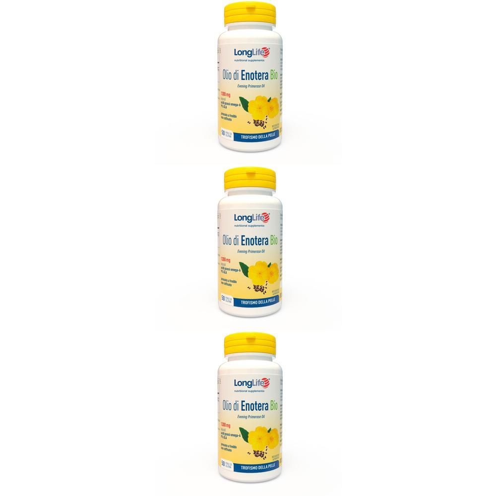 Tre flaconi di LongLife® Olio di Enotera Bio con tappi gialli, su sfondo bianco.