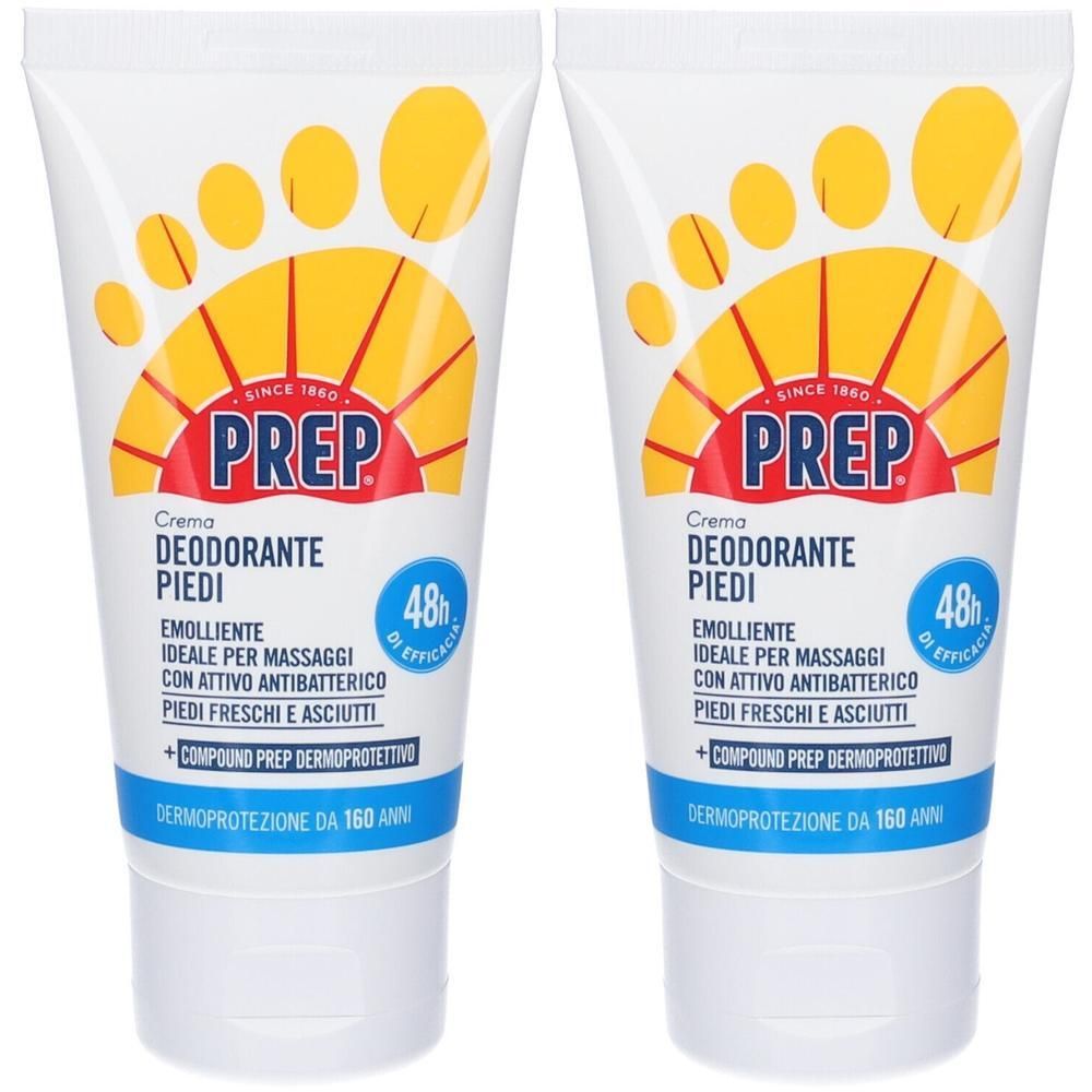 Due tubi di Prep Crema Deodorante Piedi con logo a impronta. Efficacia 48h.