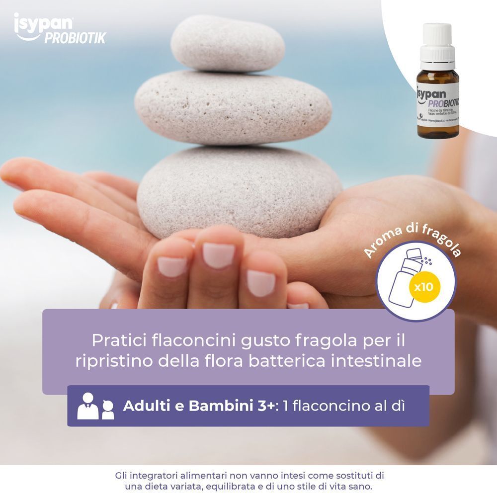 Mano con pietre impilate. Isypan Probiotik: 10 flaconcini fragola per la flora intestinale. Adulti e bambini.