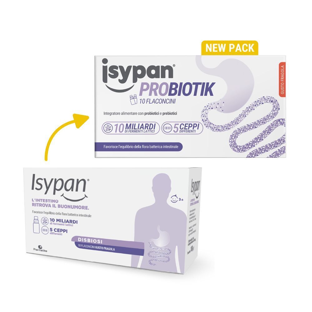 Nuova confezione Isypan Probiotik, 10 flaconcini. Per il benessere intestinale.
