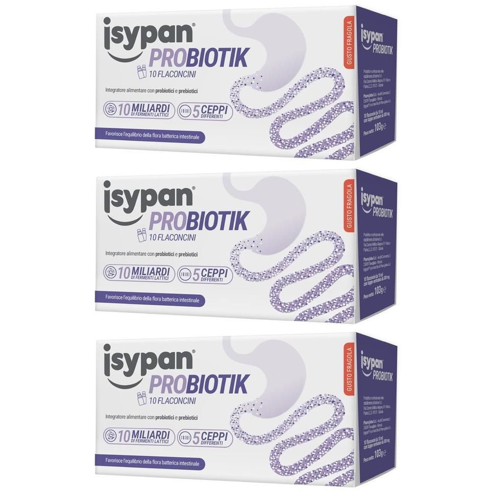 Tre confezioni di Isypan Probiotik Fermenti Lattici da 10 flaconcini ciascuna.