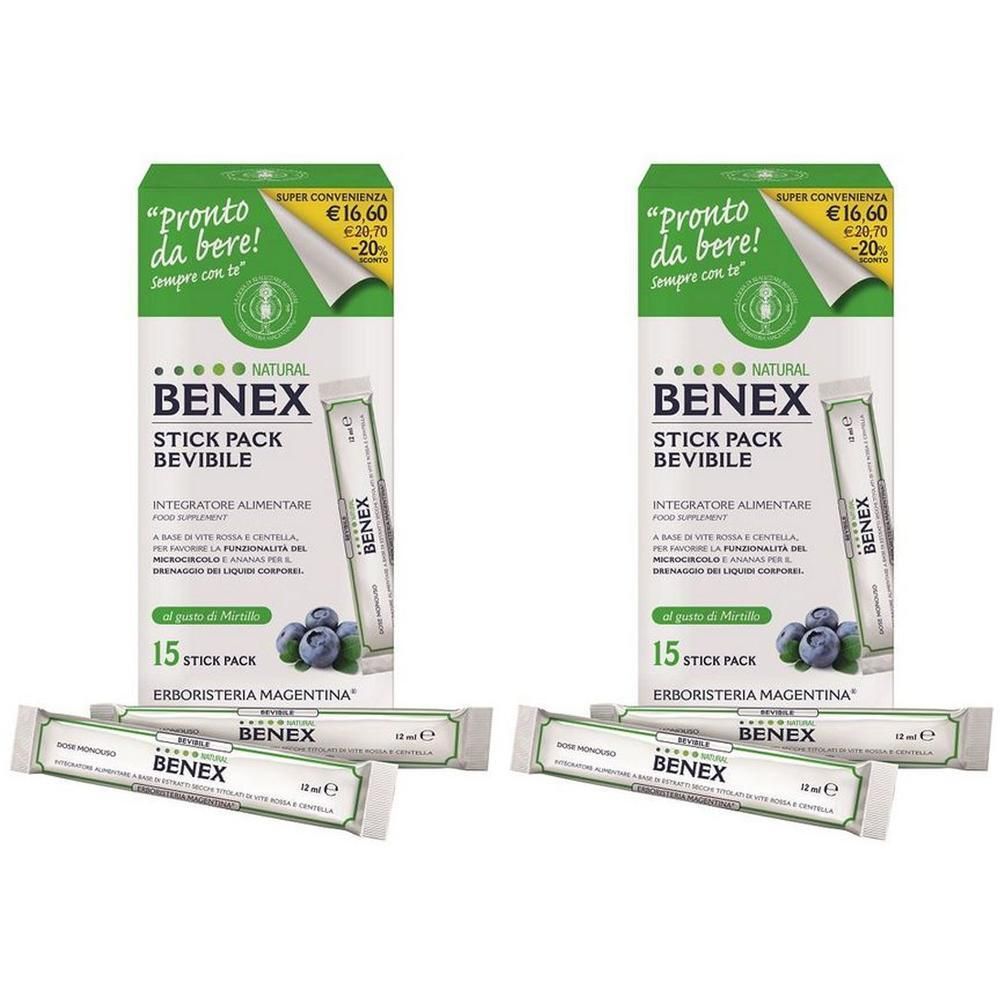 Due confezioni di BENEX Stick Pack Bevibile con 15 stick pack ciascuna e tre stick singoli.