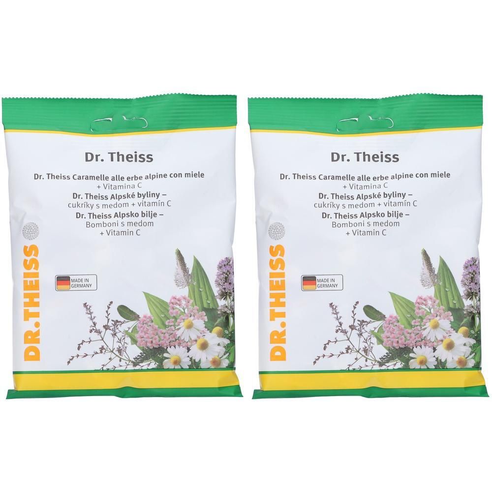 Due confezioni di caramelle Dr. Theiss alle erbe alpine con miele e Vitamina C.