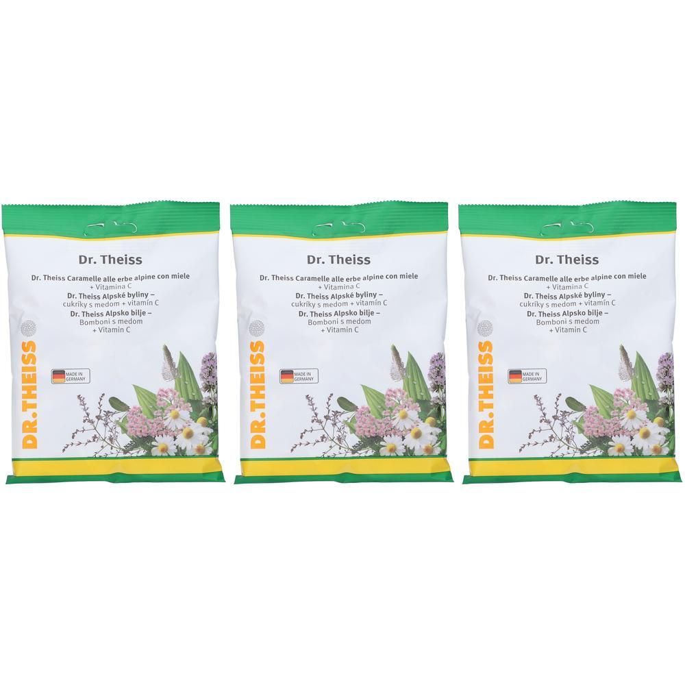 Tre confezioni di caramelle Dr. Theiss alle erbe alpine con miele e Vitamina C. Motivo floreale alpino.