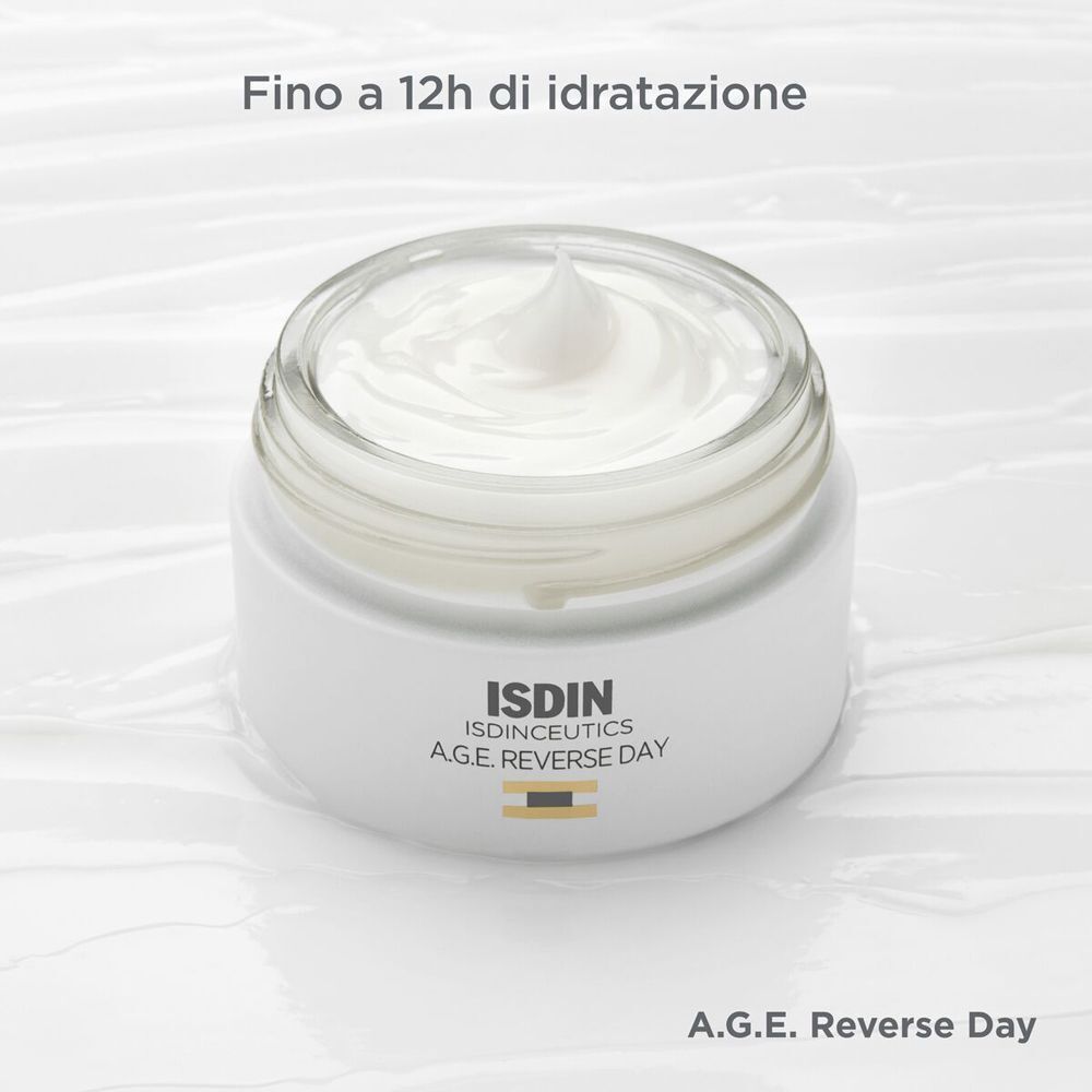 Vasetto aperto di crema ISDIN Isdinceutics AGE Reverse Day con crema ricca.