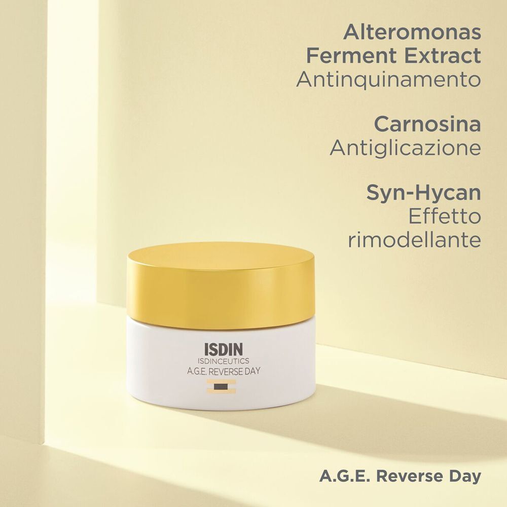 Vasetto ISDIN Isdinceutics AGE Reverse Day con testo sugli ingredienti.