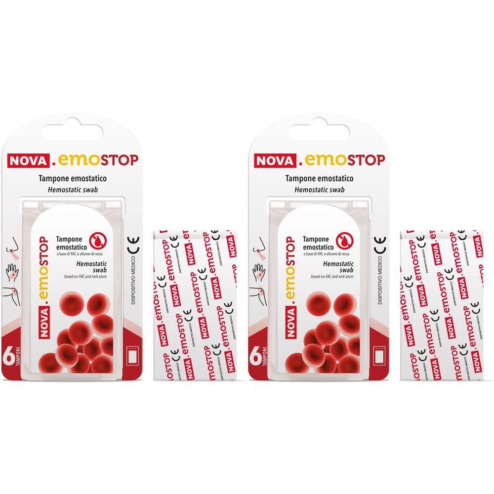Due confezioni di tamponi NOVA.emostop, 6 pezzi per confezione. Dispositivo medico emostatico.