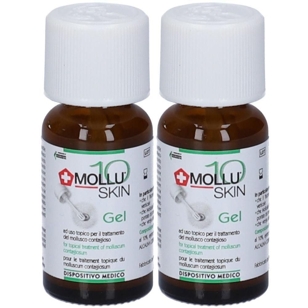 Due flaconi di Molluskin 10 Skin Gel con applicatore a pipetta. Flaconi in vetro ambrato con tappi bianchi.