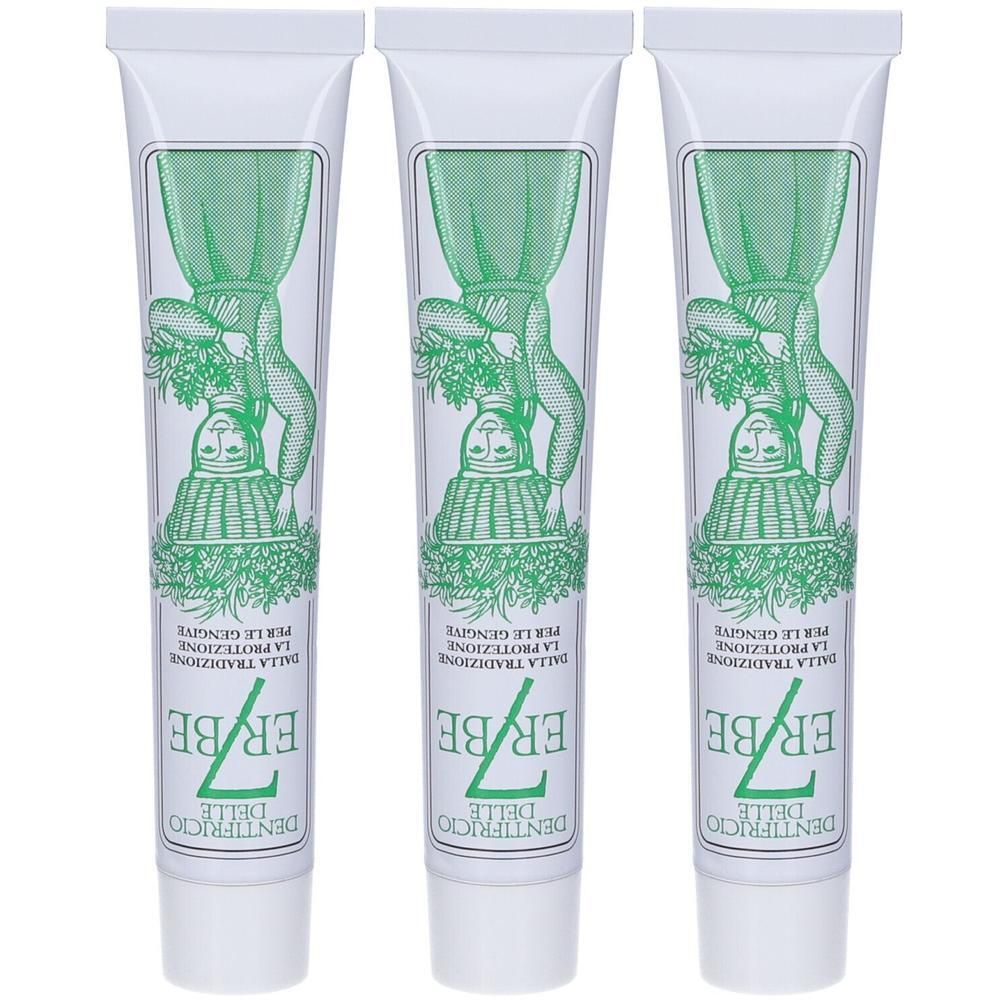 Tre tubetti di dentifricio con illustrazione verde di erbe e testo italiano.