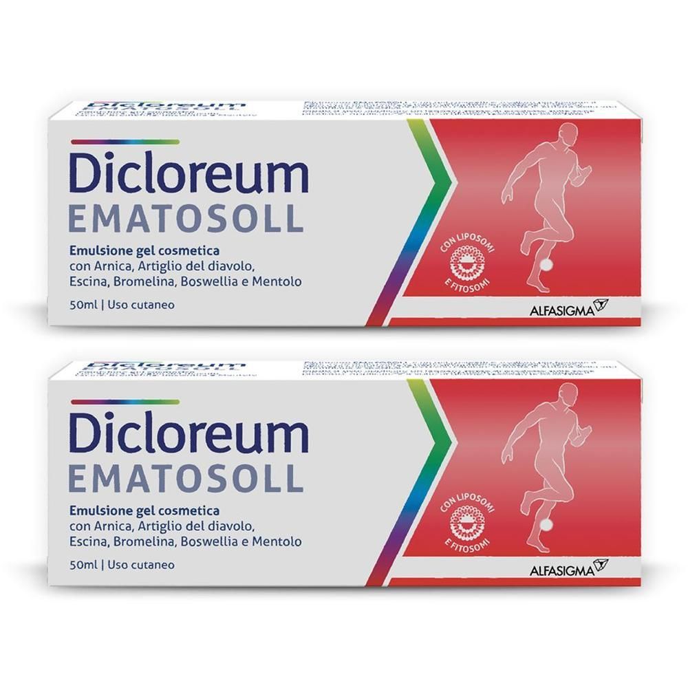 Due confezioni di Gel Dicloreum Ematosoll con raffigurazioni di uomini che corrono e liposomi.