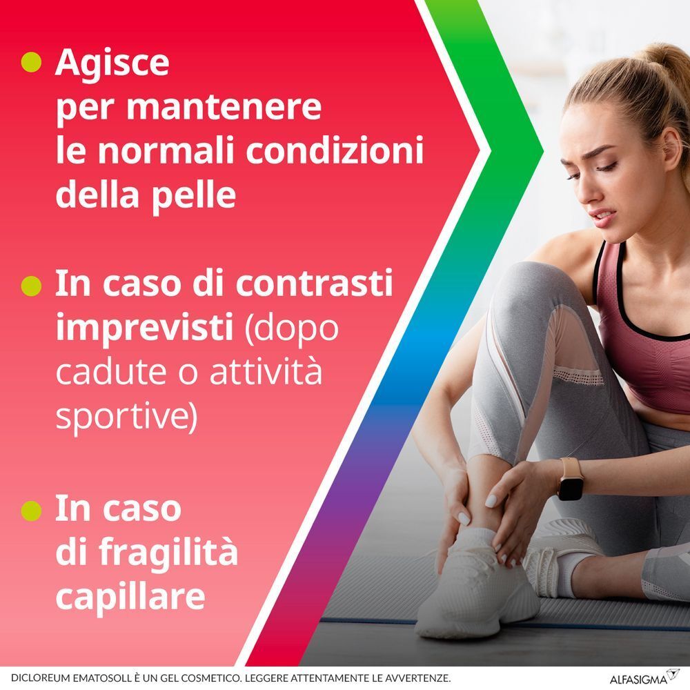 Donna con caviglia infortunata, Gel Dicloreum Ematosoll per pelle e traumi sportivi.