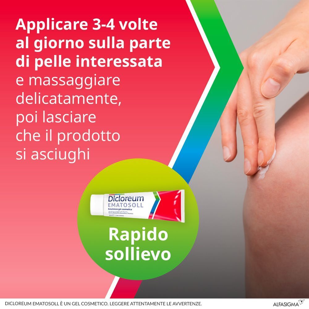 Applicazione di Gel Dicloreum Ematosoll sulla pelle per un rapido sollievo.
