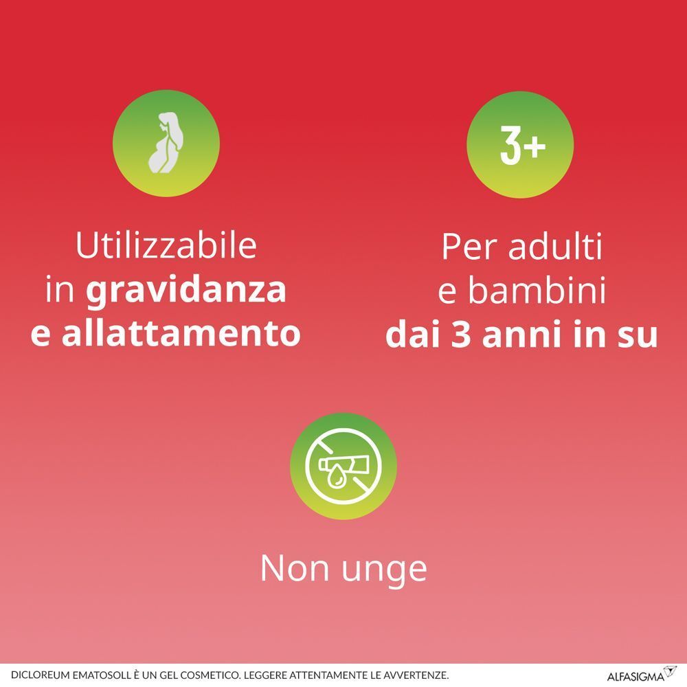 Gel Dicloreum Ematosoll: Adatto a gravidanza, allattamento e bambini da 3 anni. Non unge.