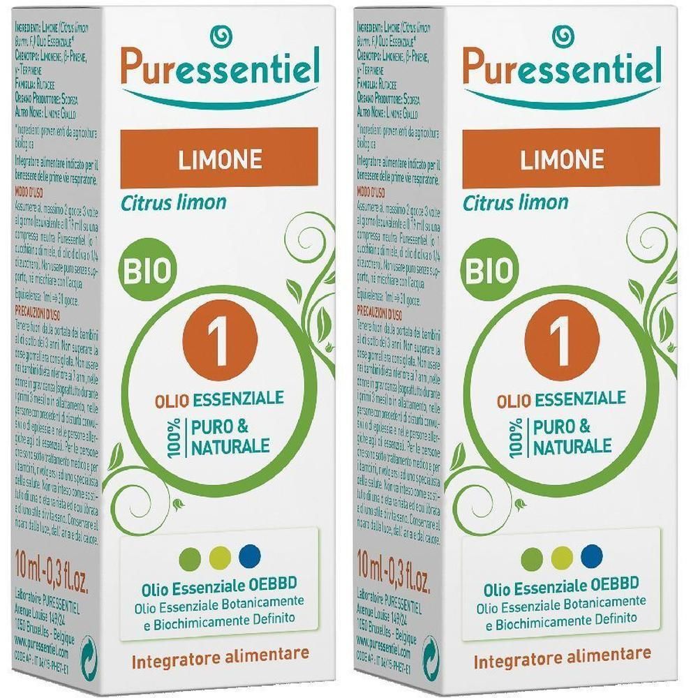 Due confezioni di Olio Essenziale Bio Puressentiel Limone. Flaconi da 10ml. Certificato Bio.