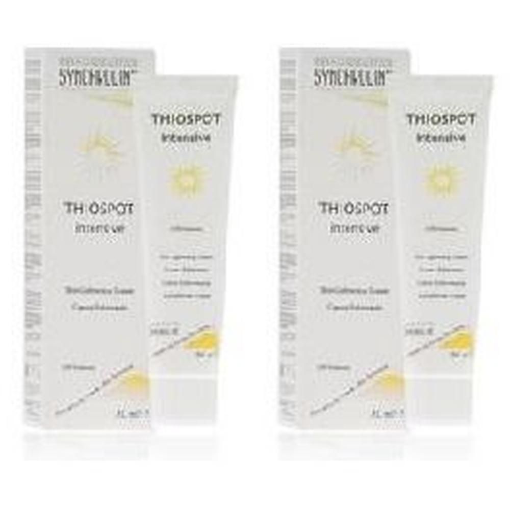 Due tubetti di crema intensiva Thiospot con scatole. Confezione chiara con accenti gialli.