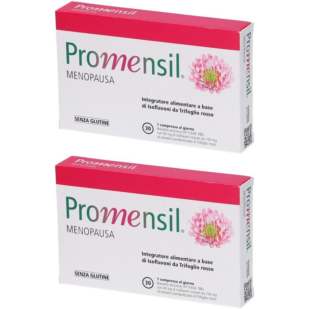 Due confezioni di Promensil Menopausa, integratore alimentare a base di isoflavoni da trifoglio rosso.