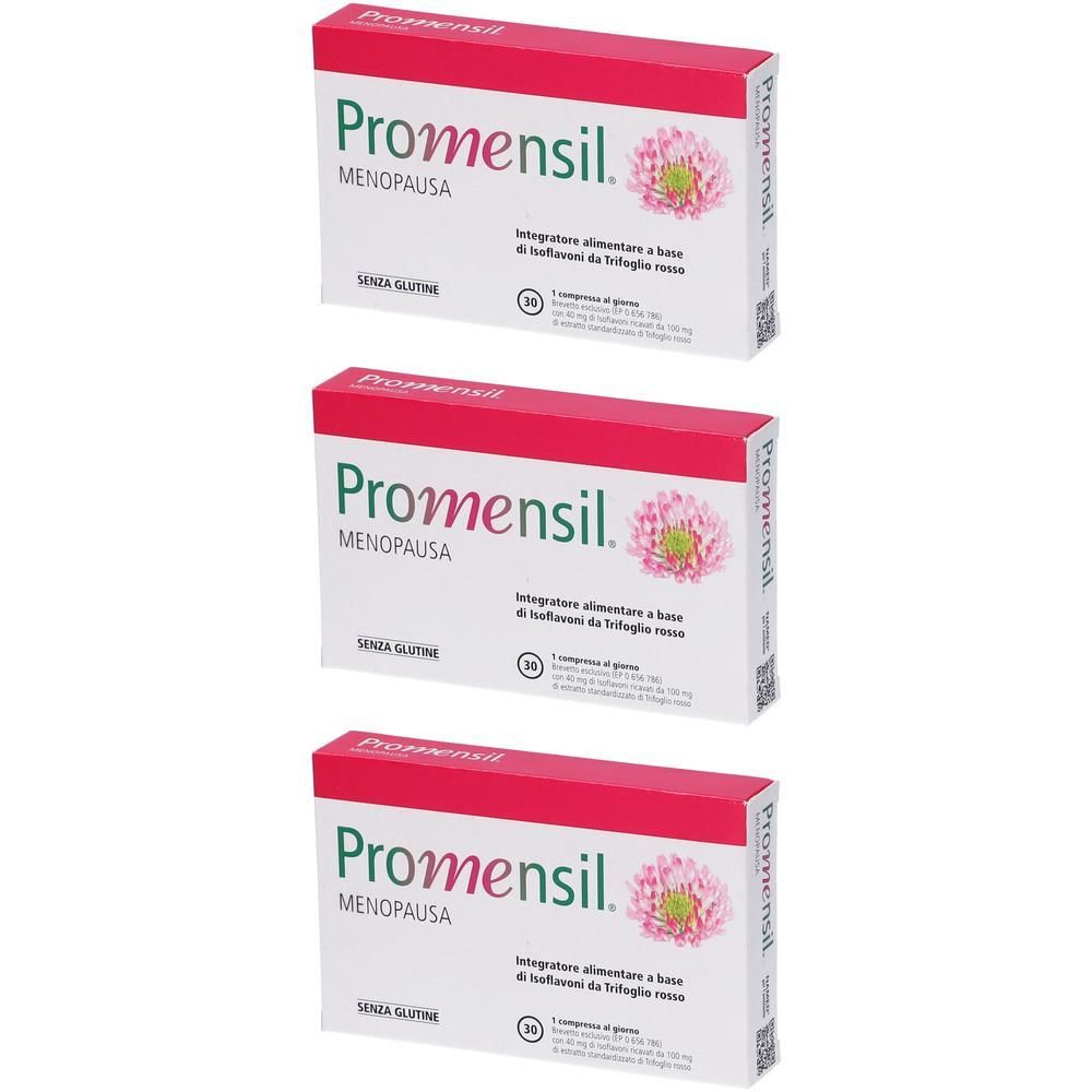 Tre confezioni di Promensil Menopausa, un integratore alimentare.