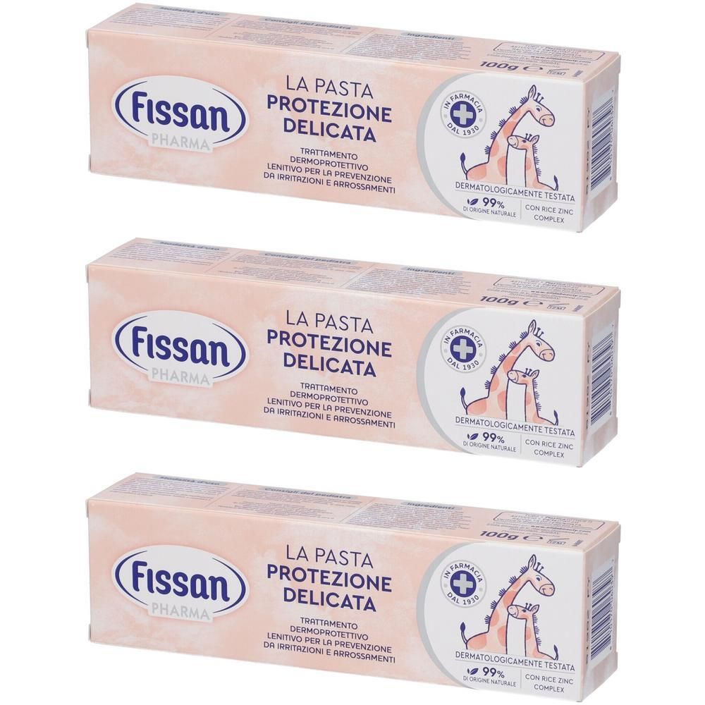 Tre confezioni di Fissan Pharma La Pasta Protezione Delicata, 100g. Con disegno di giraffa.