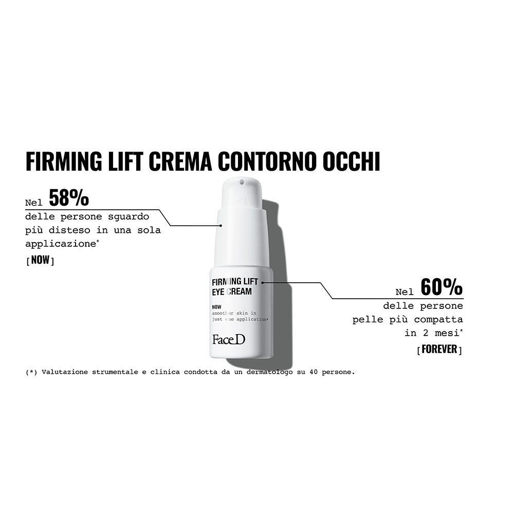 Dispenser FaceD Firming Lift Eye Cream con risultati clinici: 58% miglioramento immediato, 60% dopo 2 mesi.