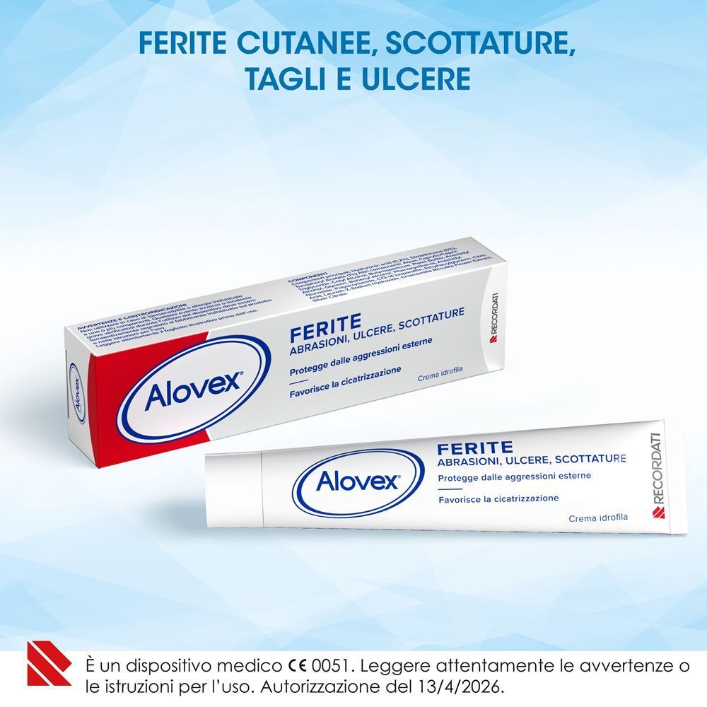 Una confezione e un tubetto di Alovex Ferite Crema Idrofila.