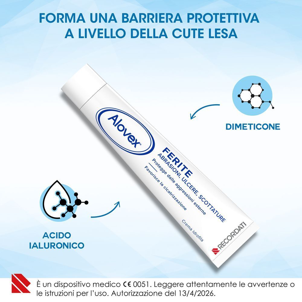 Tubetto di Alovex Ferite Crema Idrofila con simboli di acido ialuronico e dimeticone.