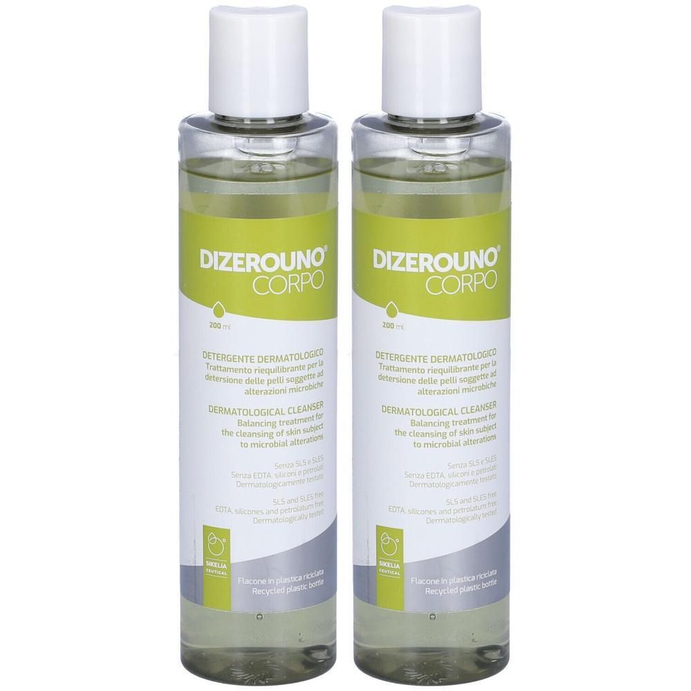 Due flaconi di Dizerouno Corpo detergente dermatologico, 200ml ciascuno. Liquido limpido in flaconi trasparenti con tappo bianco.