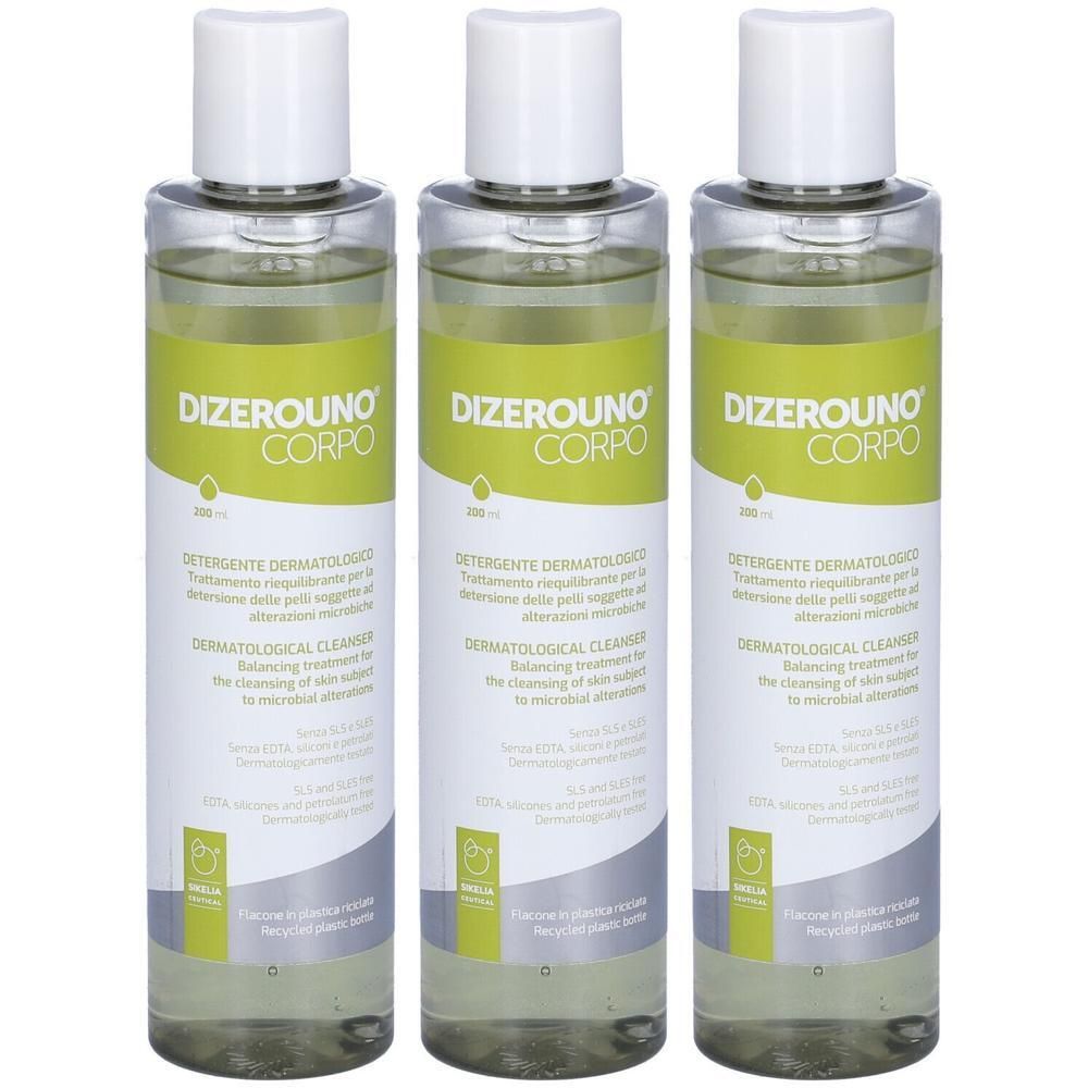 Tre flaconi Dizerouno Corpo, detergente dermatologico, 200 ml.