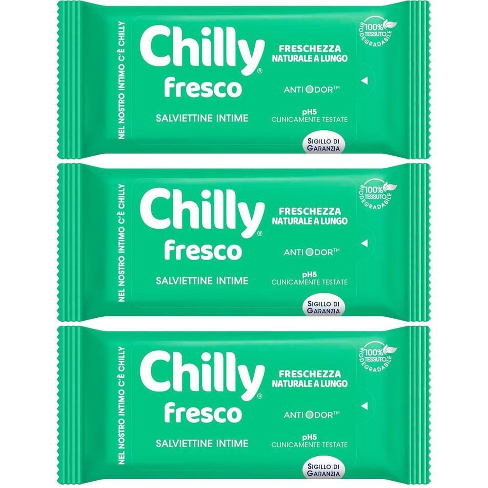 Tre pacchi di salviettine intime Chilly Fresco, confezione verde.