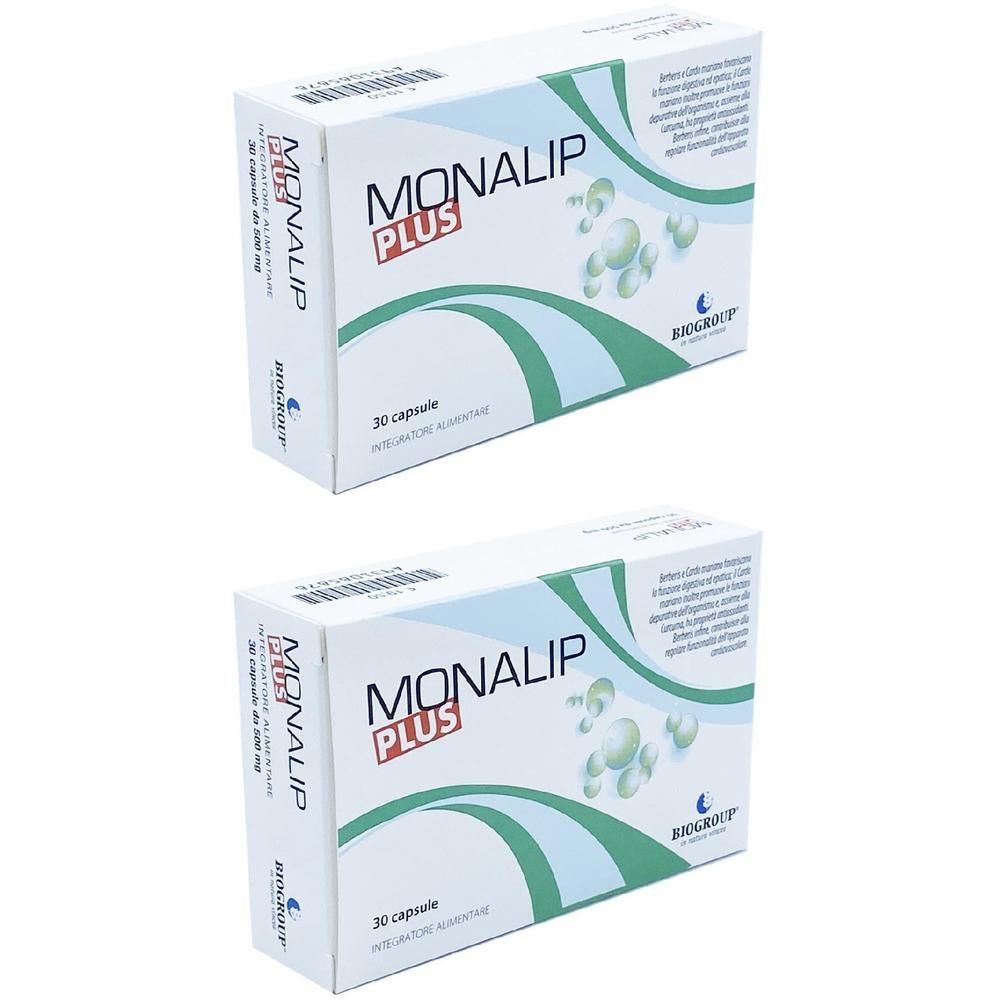 Due confezioni di Monalip Plus, ciascuna da 30 capsule. Scatole bianche con accenti verdi e blu.