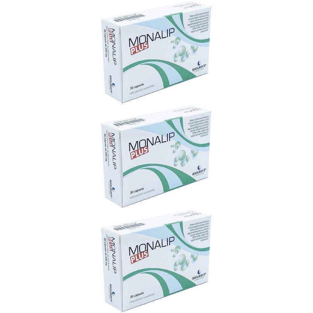 Tre confezioni di capsule Monalip Plus da 30 capsule. Scatole bianche con elementi grafici verdi e blu.