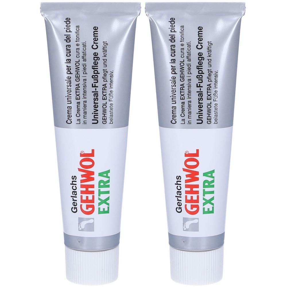 Due tubi di crema universale per la cura del piede GEHWOL EXTRA. Tubi argentati con scritte bianche e tappo bianco.