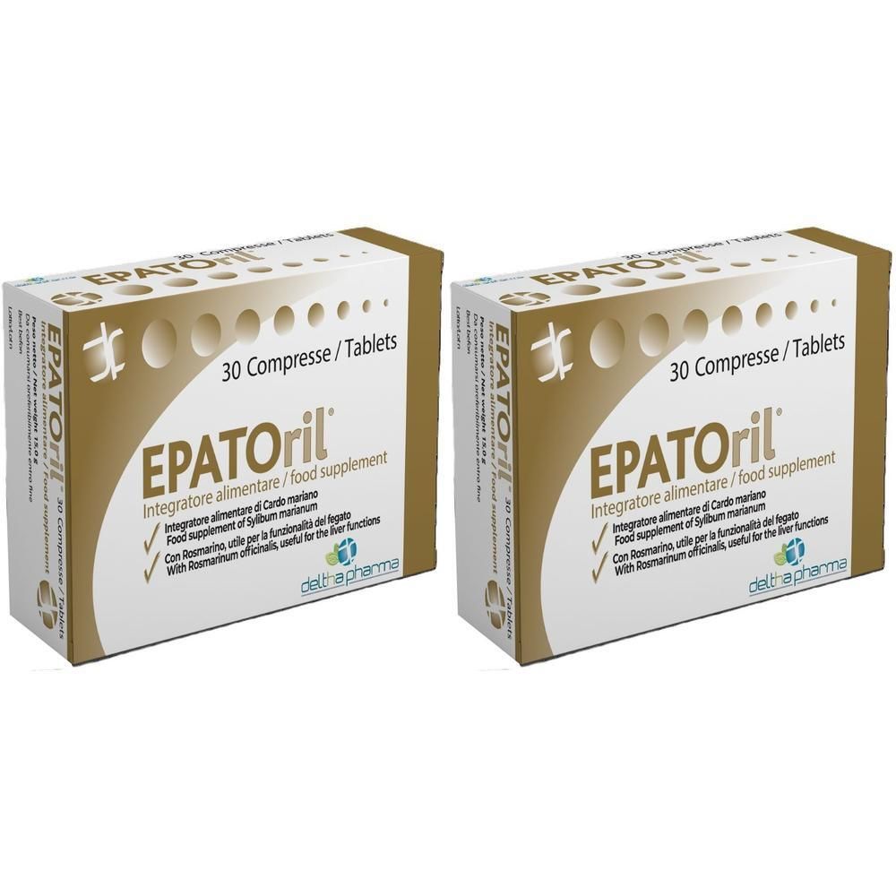 Due confezioni di Deltha Pharma EPATORIL Compresse, ciascuna da 30 compresse. Tonalità oro e marrone.