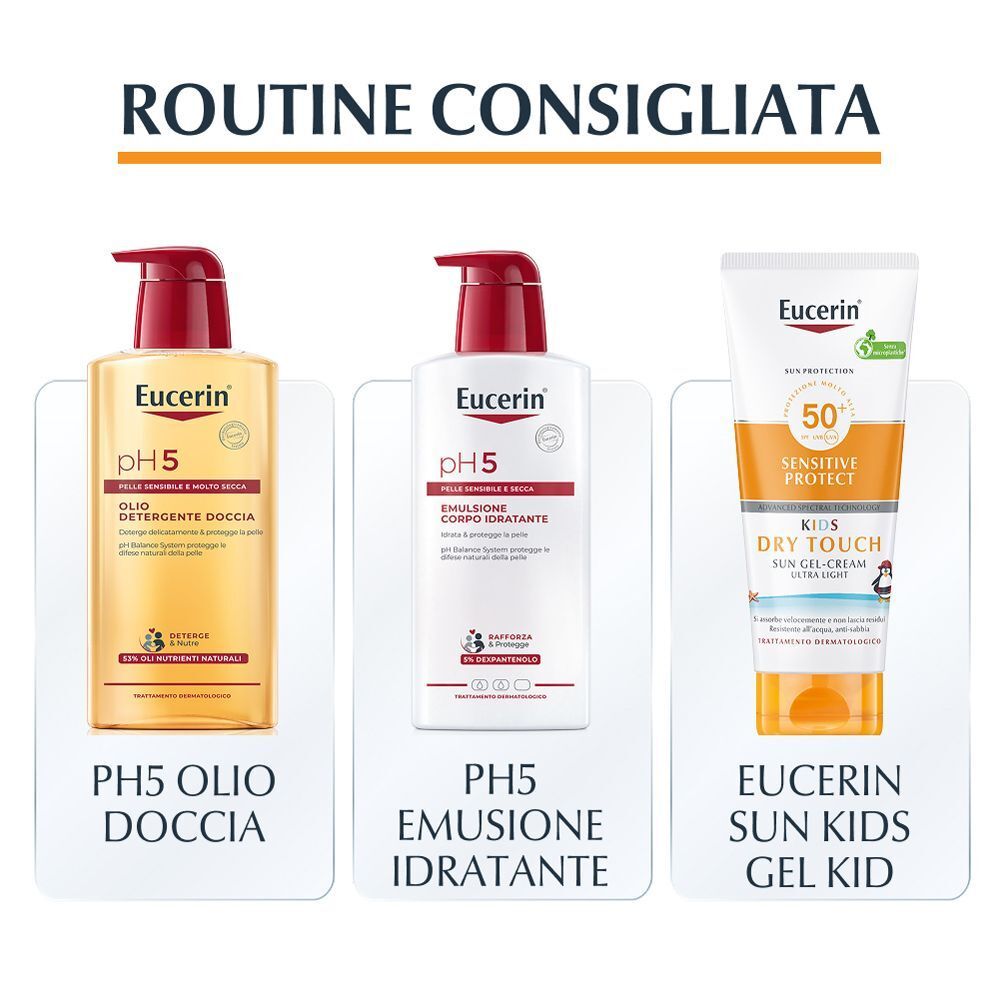 Routine consigliata: Olio doccia Eucerin PH5, emulsione idratante e protezione solare.