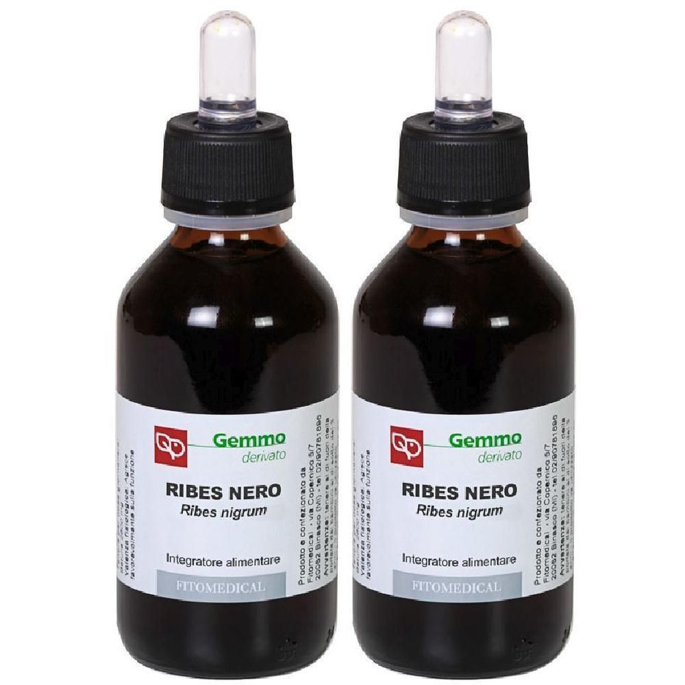 Due flaconi contagocce con liquido scuro ed etichette che riportano 'Ribes Nero'.