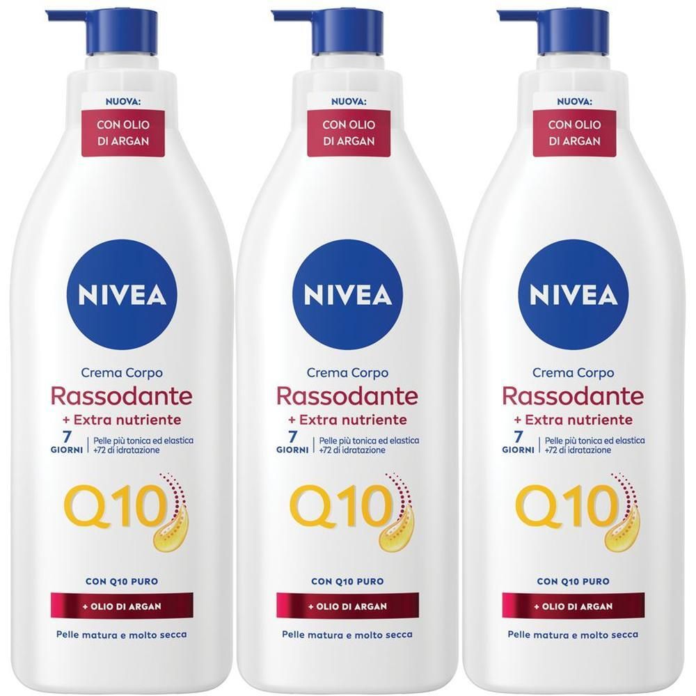 Tre flaconi di Nivea Q10 Crema Corpo Rassodante + Extra Nutriente con erogatore a pompa.