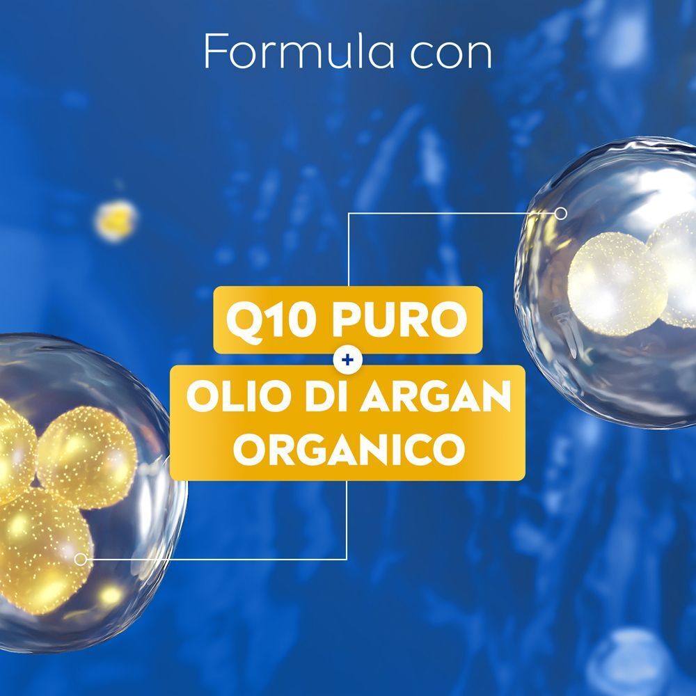 Grafica che mostra Q10 Puro e Olio di Argan Organico in bolle.