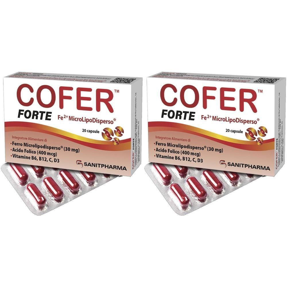 Due confezioni di Cofer Forte capsule, 20 capsule per confezione. Capsule rosse in blister.