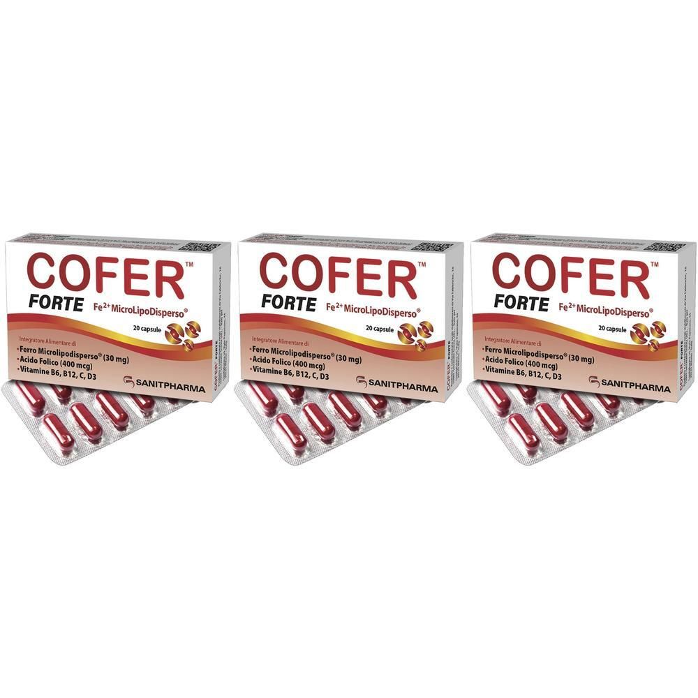 Tre confezioni di capsule Cofer Forte, ciascuna con 20 capsule in blister.