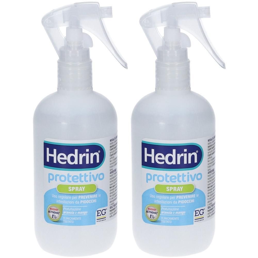 Due flaconi spray bianchi con etichette Hedrin® protettivo Spray.