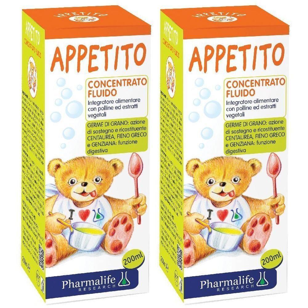 Due confezioni di Appetito Concentrato Fluido con orsetto. Logo Pharmalife Research.