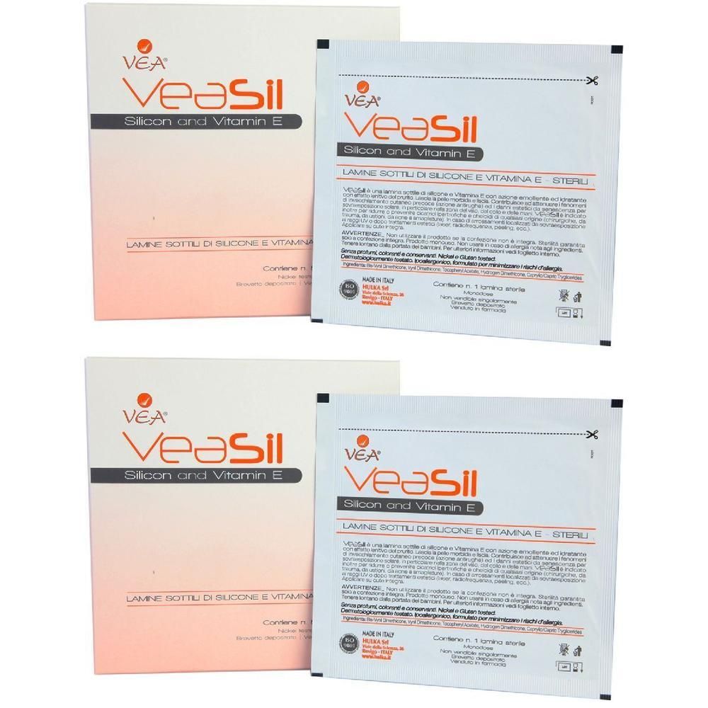 Due confezioni di Vea Sil, ciascuna con una bustina singola. Contiene silicone e vitamina E.