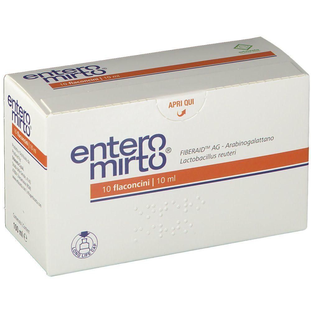 Confezione Entero Mirto Flaconcini, 10 x 10ml. Contiene FIBERAID AG, Arabinogalactan, Lactobacillus reuteri.
